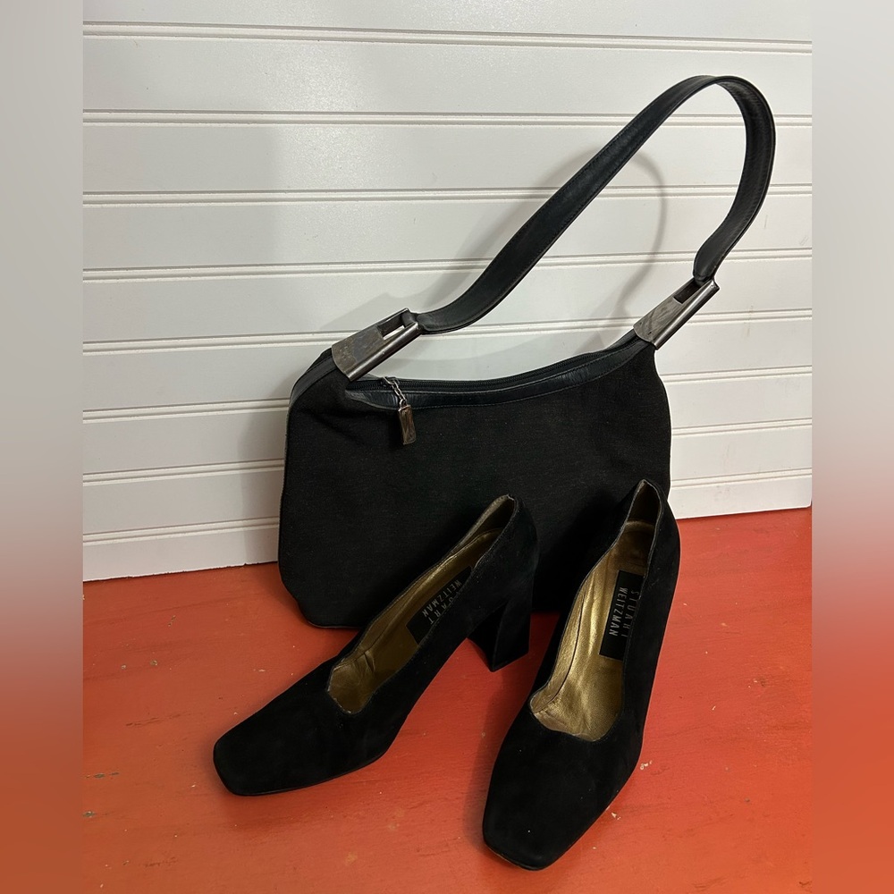 Vintage Stuart Weitzman black suede shoes 7B chunky heel AND handbag